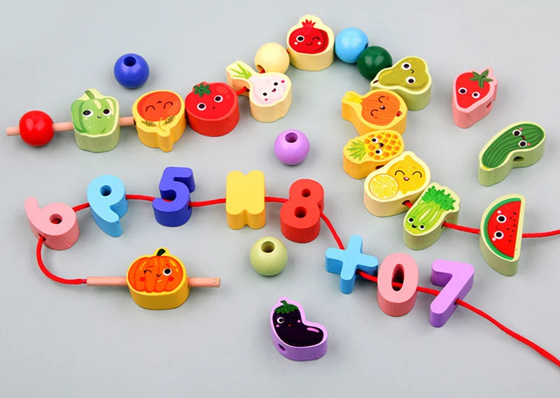 Monterssori Baby DIY Wooden Toys Cartoon Fruit Animal Stringing Threading Wooden Beads Educational Toys for Kids Christmas Gift