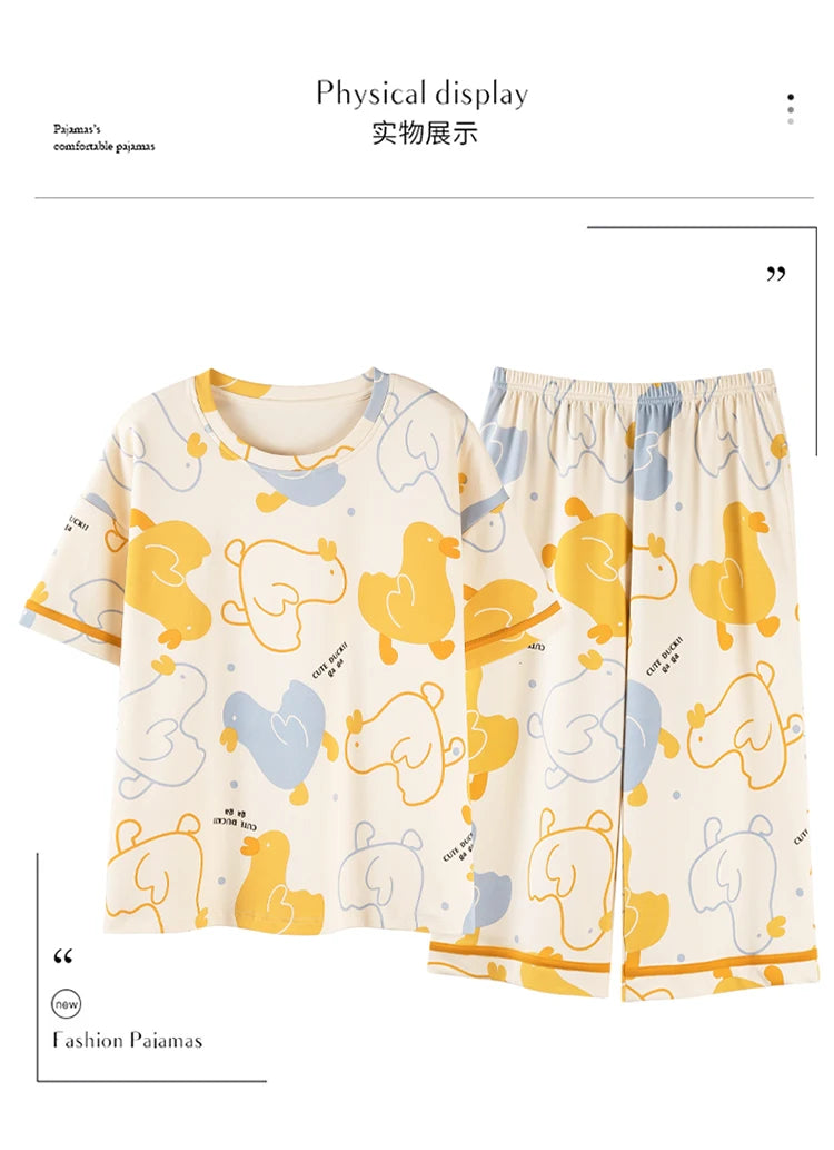 2-Pcs Women’s Summer Cotton Pajama Set – Short Sleeve Top & Calf-Length Pants with Cute Prints