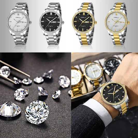 Men Watch Moissanite Diamond Luxury Brand Golden Dial Watches with Stainless Steel Band with Luminous Relogio Masculino