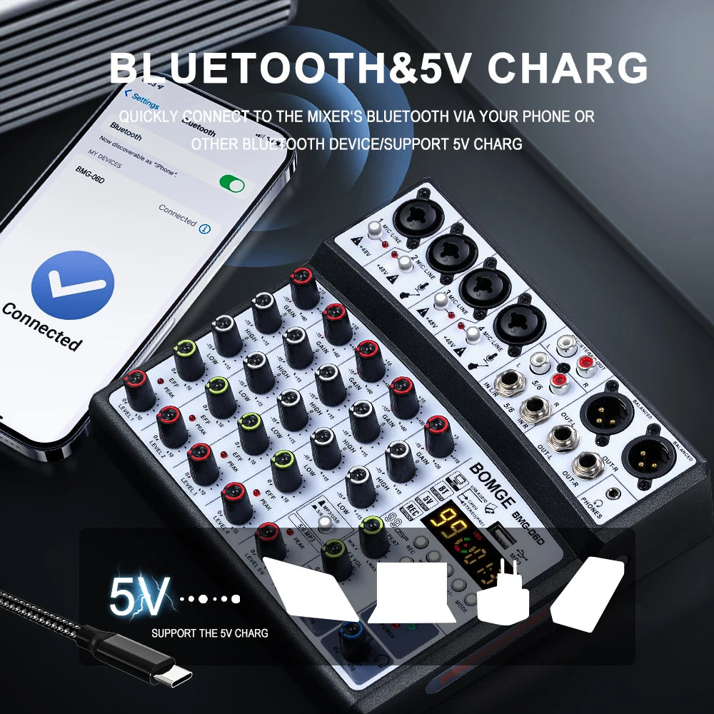 6 Channel Audio Mixer Console with USB Bluetooth 99 DSP Effects and 48V Phantom Power