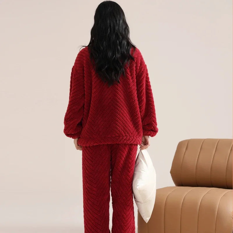 Women’s Christmas Fleece Pajama Set – Warm Flannel Zipper Sleepwear, Thick Coral Velvet
