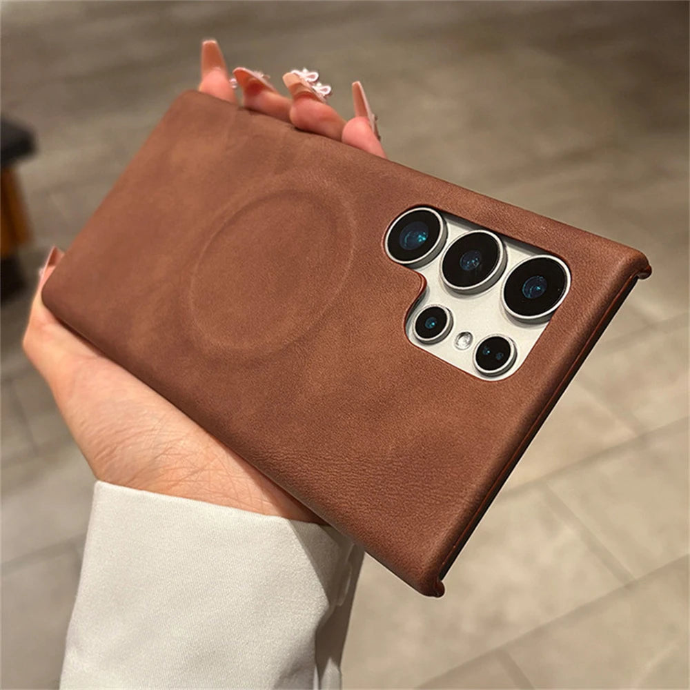 Luxury Leather  For MagSafe Wireless Charging Phone Case For Samsung S23 S24 S25 Ultra Lambskin Solid Color Hard Cover