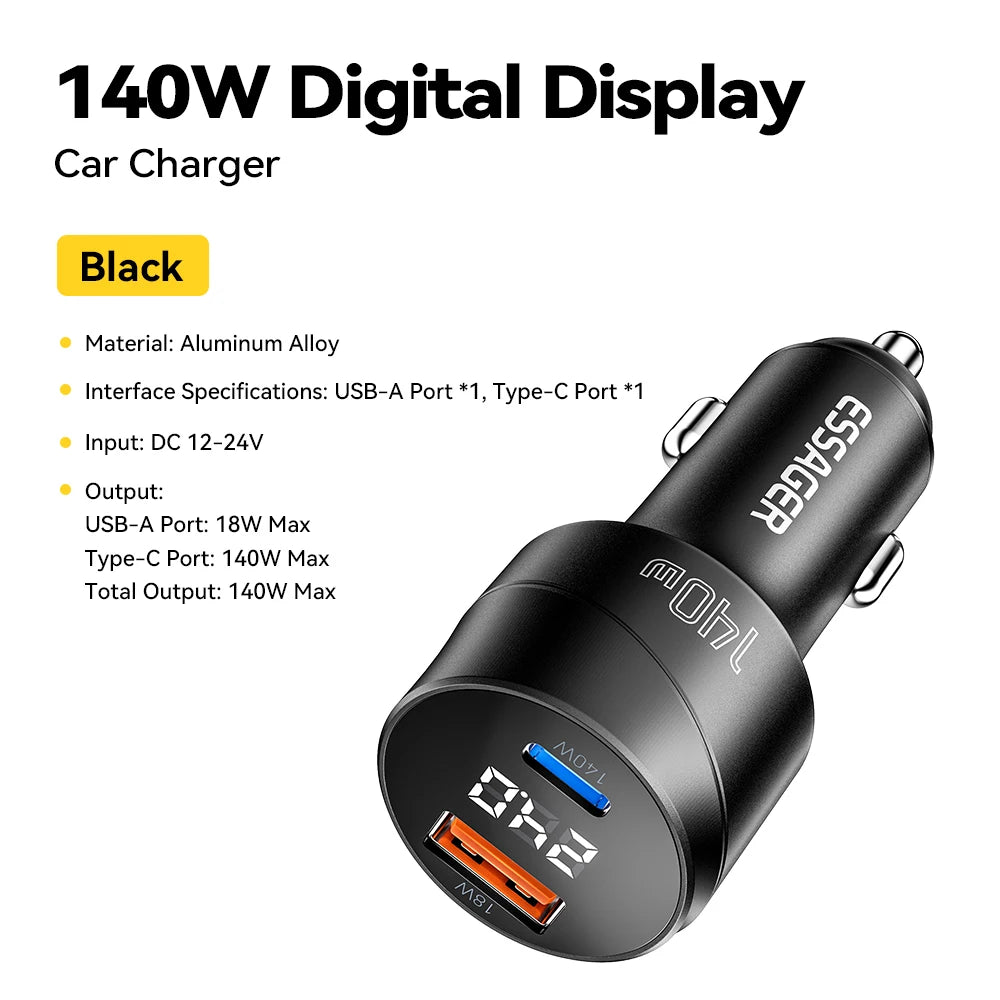 140W USB C Car Charger PD 3.1 QC 4.0 Fast Charging USB A + Type C Adapter for Laptop & Phone