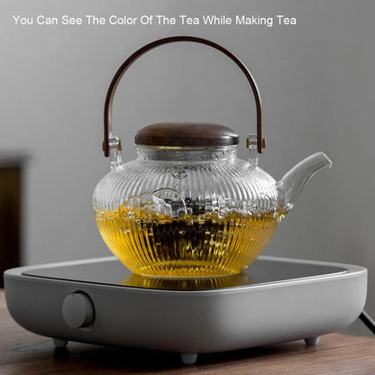 Glass Thick Stripes TeaPot Heat Resistant Wood Handle  Can Be Heated Electric Pottery Stove To Make Open Fame 750ML