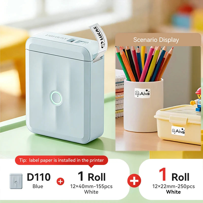 D110 Mini Portable Thermal Label Printer, Bluetooth Smart Label Maker with Adhesive Tape, Inkless 203 DPI for Home, Office & School