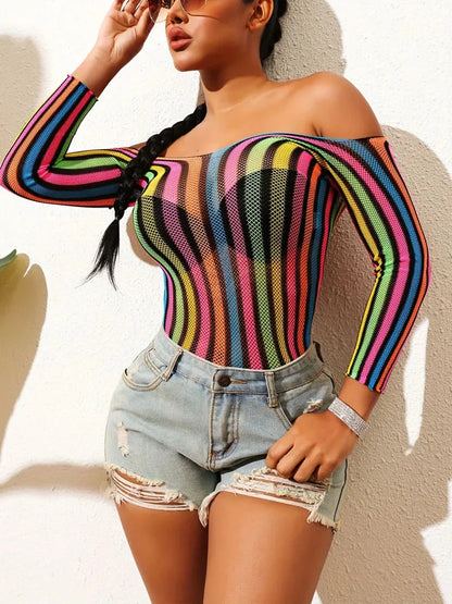 Fashion Dress Girl Bodycon Nylon Plus Size Rainbow Bodystocking Colorful Pattern Beach Wear Dress Underwear Dress