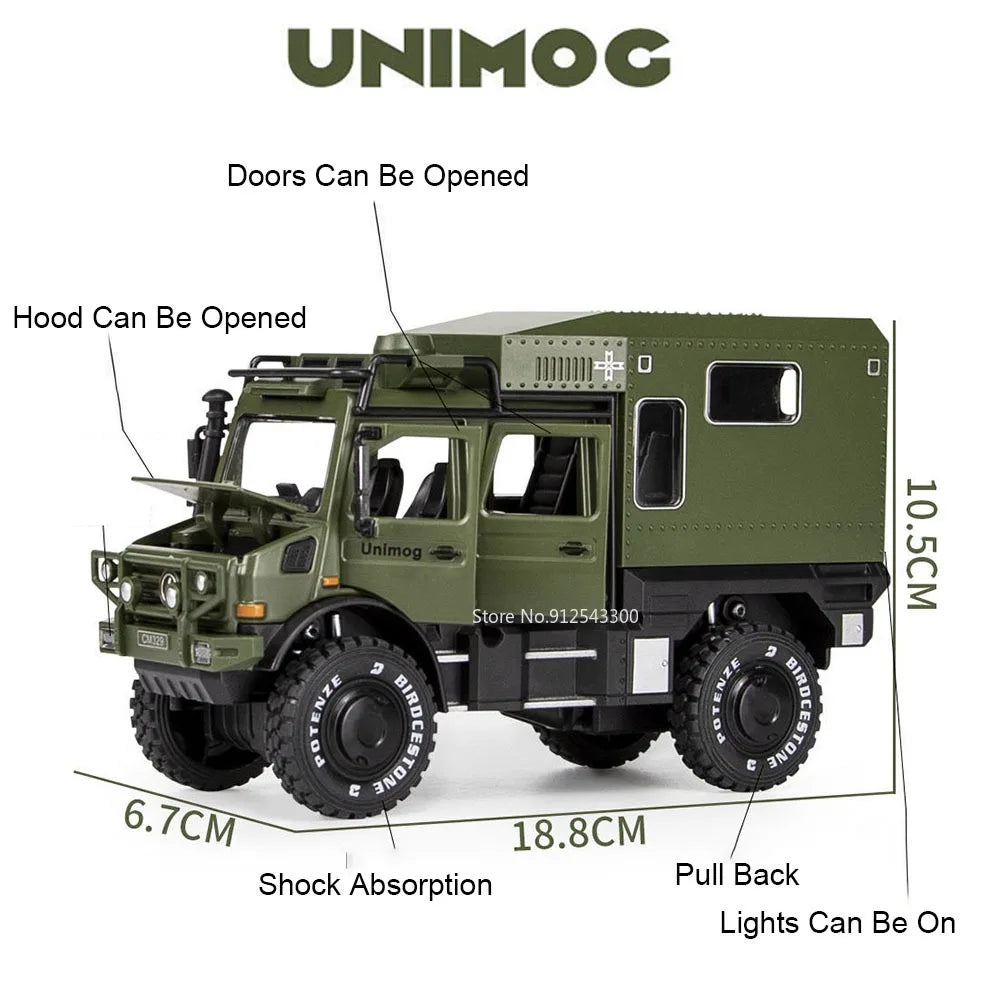 1:28 Scale X-Class 6x6 UNIMOG Motorhome Camping Car Model Toy Shock Absorption Sound Light Pull Back Off-road Vehicles Boys Gift