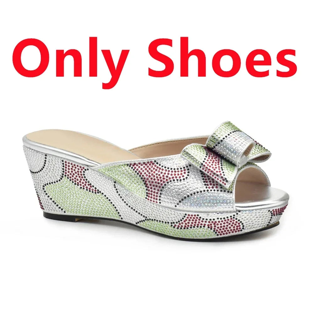 Design Italian Shoes and Bags Matching Set Decorate with Rhinestone Wedges Shoes for Women Luxury Round Toe Platform Shoes