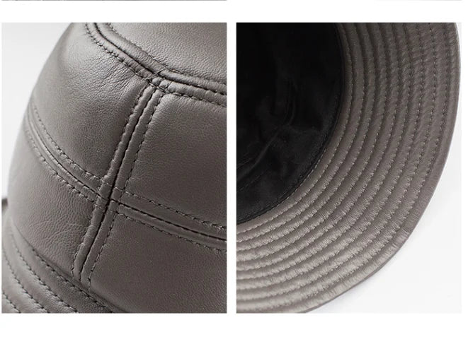 Bucket Hat Big Sun Shade 100% Genuine Leather Fisherman Caps Female Chic Grey Basin Casquette Street