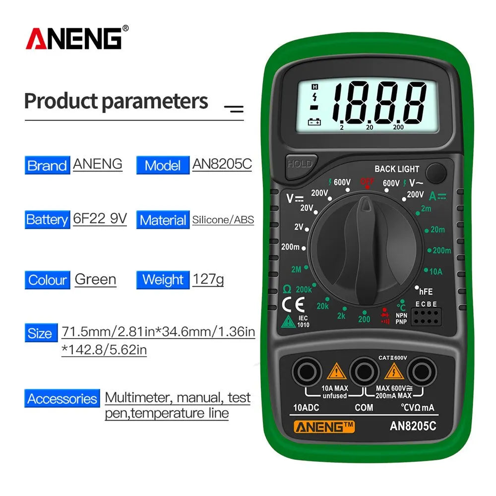 Digital Multimeter AC/DC Ammeter Volt Ohm Multimetro Tester Meter With Thermocouple LCD Backlight Portable