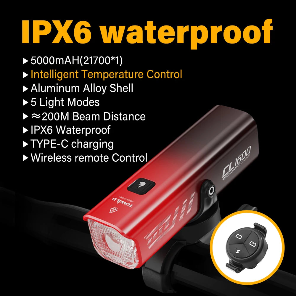 1600LM Bike Light Front Lamp Type-C Rechargeable LED 21700 5000mAh Bicycle Light Waterproof Headlight Bike Accessories