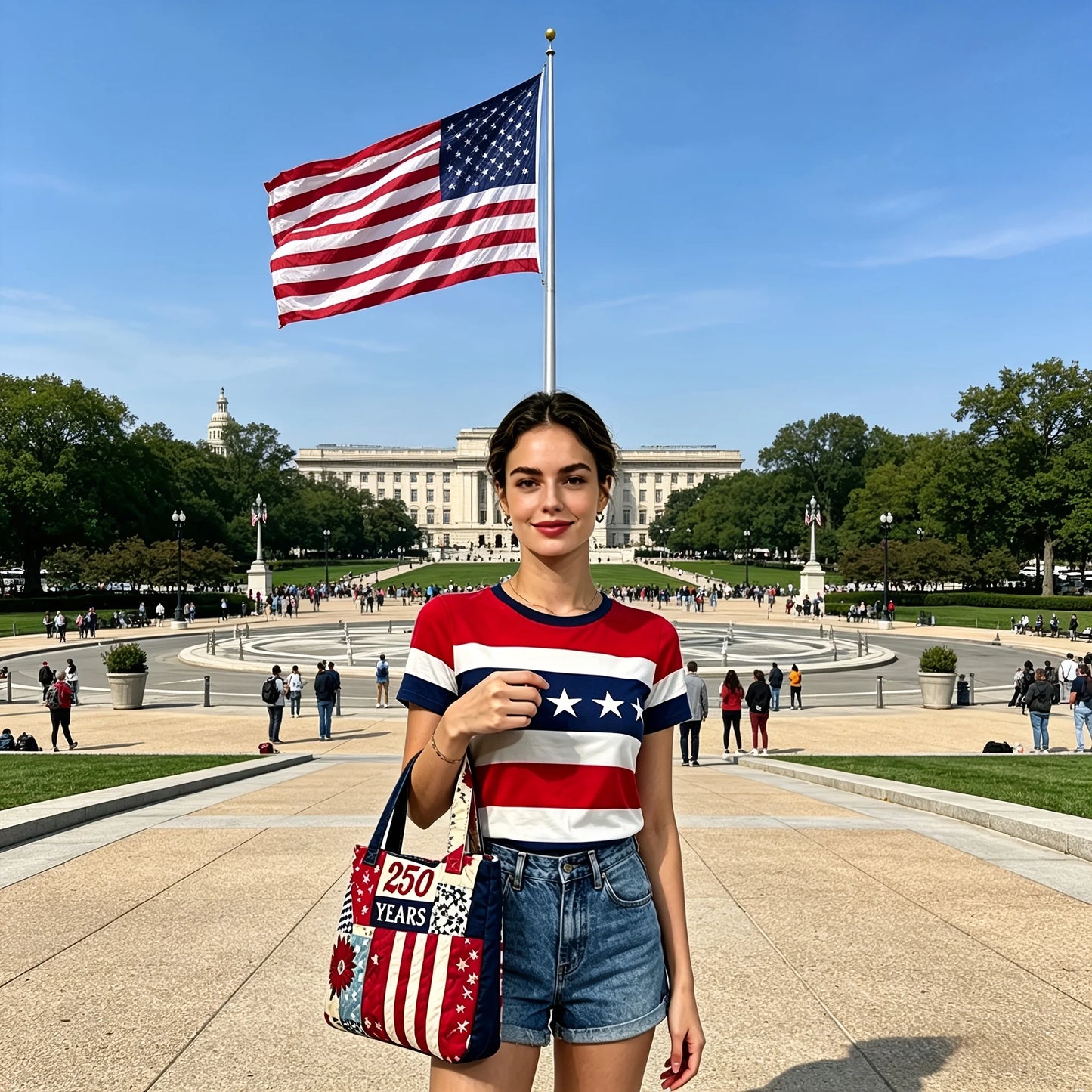 Patriotic Quilted Tote Bag 250 Years American Flag Patchwork Shoulder Handbag