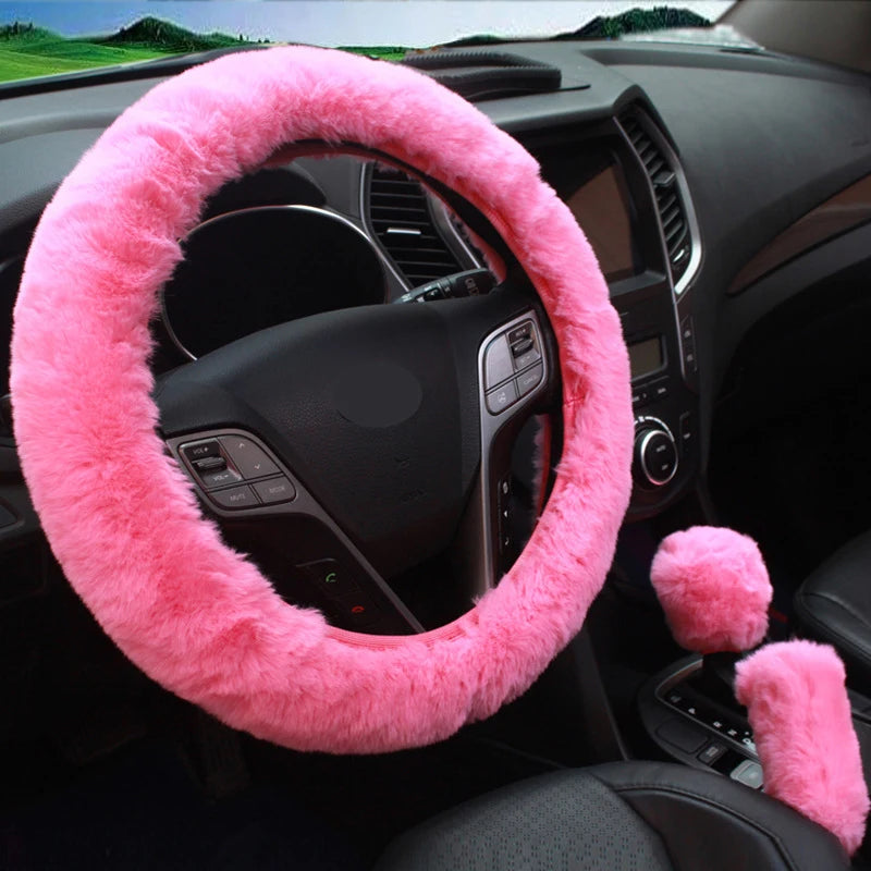 3 Piece Winter Plush Car Steering Wheel Handbrake Gear Shift Cover Set