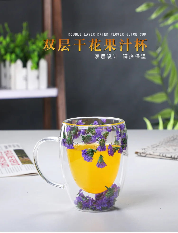 Double Wall Glass Coffee Mugs Double Insulated Glass Cup 350ml Flower Design