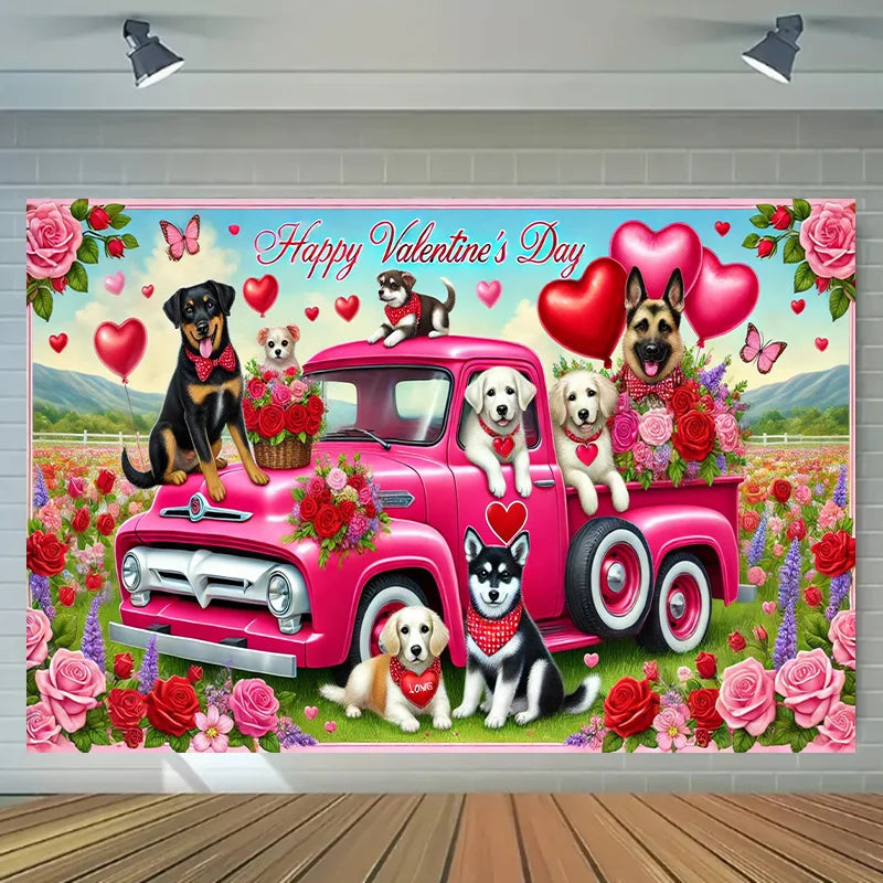 Valentine's Day Dog Truck Tapestry Pink Retro Car Rose Field Living Room Background Wall Valentine's Day Decoration