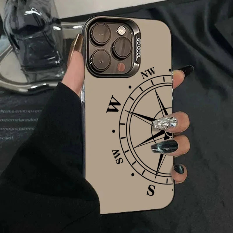 Fashion Vintage Compass Phone Case for iPhone 16 16E 14 15 Pro Max Hard IMD Shockproof Cover