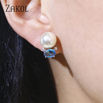 Cute Blue Oval Cubic Zirconia Stud Earrings for Women Small Imitation Pearl Earring