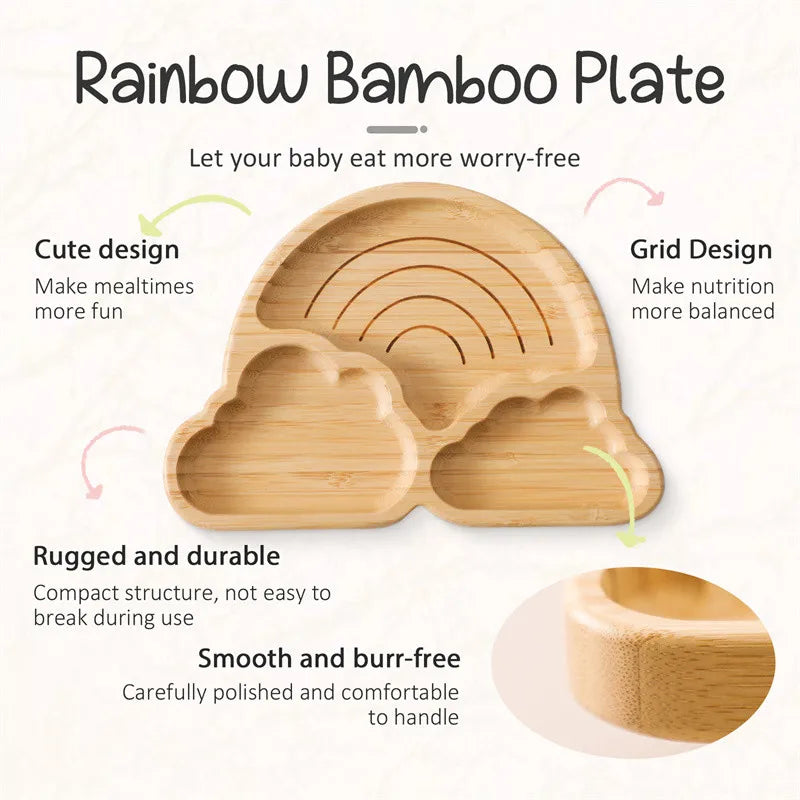 Baby Wooden Tableware Set Sun Bamboo Wooden Plate Bowl Silicone Suction Wooden Handle Fork Spoon for Newborn Feeding Supplies