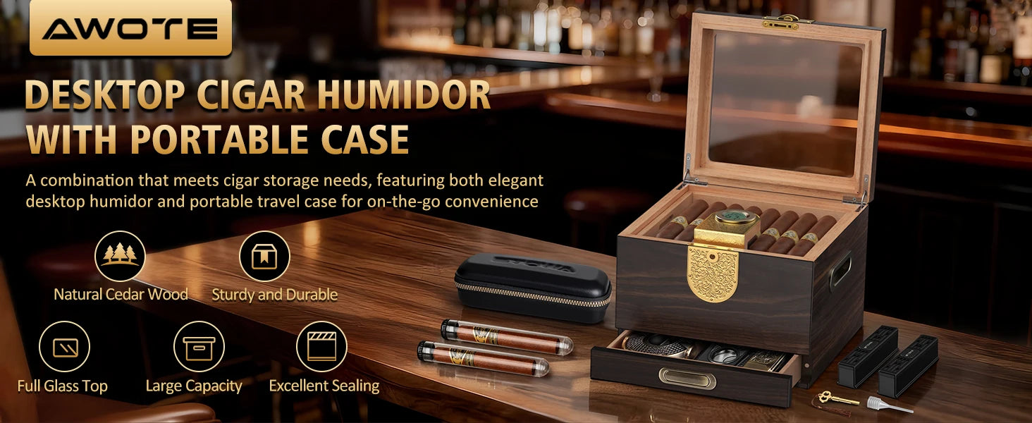 Cigar Humidor, Cedar Wood Cigar Box, Includes Leather Cigar Case, Cigar Tube, Digital Hygrometer and 2 Humidifiers, Gift Set