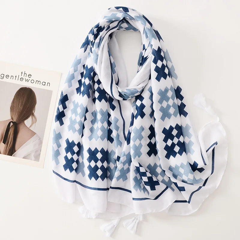 Beige Coffee Scarf Luxury Thin Women Scarves Spring Floral Hijab Veils Soft Cotton Shawl Wrap Tassel Viscose Muslim Woman Hijab