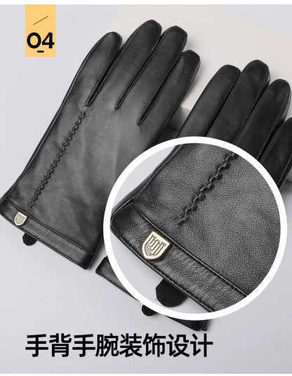 Man Genuine Leather Button Black Thick/Thin Gloves Male Commercial Business meeting MC Host Driving