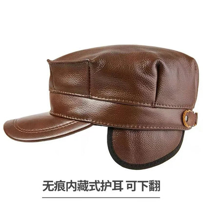 Winter Thermal Genuine Leather Hats Woman Cap Cadet Cap Man Military hat Cowhide Leather Cap