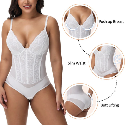 Lace Bodysuit for Women – V-Neck Backless Tummy Control Shapewear