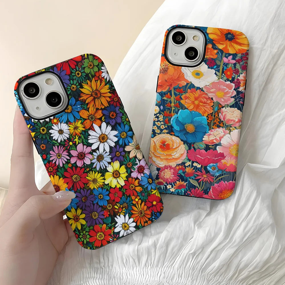 Art Drawing Flower Printed Daisy Phone Case for iPhone 16 15 13 14 Pro Max 16 15 Plus 2 in 1 Hard Protection Cover