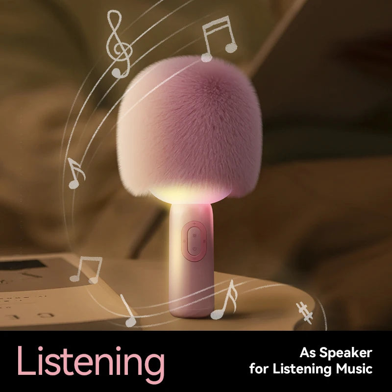 Bluetooth Karaoke Microphone with Fluffy Cover, 2-in-1 Handheld Mic & Speaker with Dynamic LED Lights for Party Singing