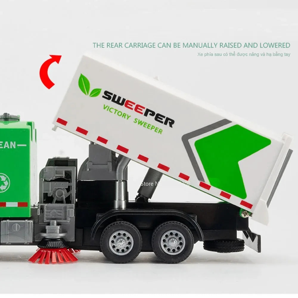 1:32 Water Spray Fog Fire Truck Model Sweeper Toy Car Sound Light Pull Back Doors Opened Vehicles Collection  Gifts