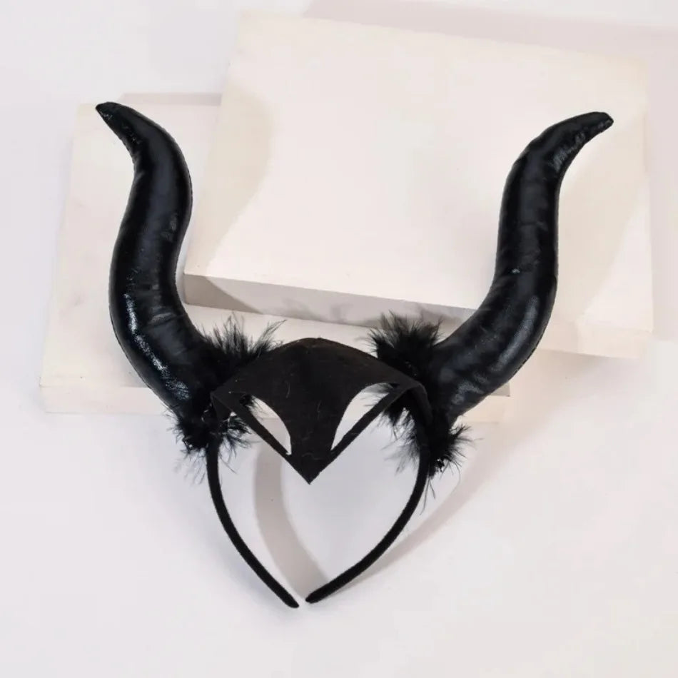 Girls Women Halloween Long Demon Ox Horn Headband Evil Queen Glitter Hair Hoop Cosplay Costume Magic Witch Headpiece Accessory