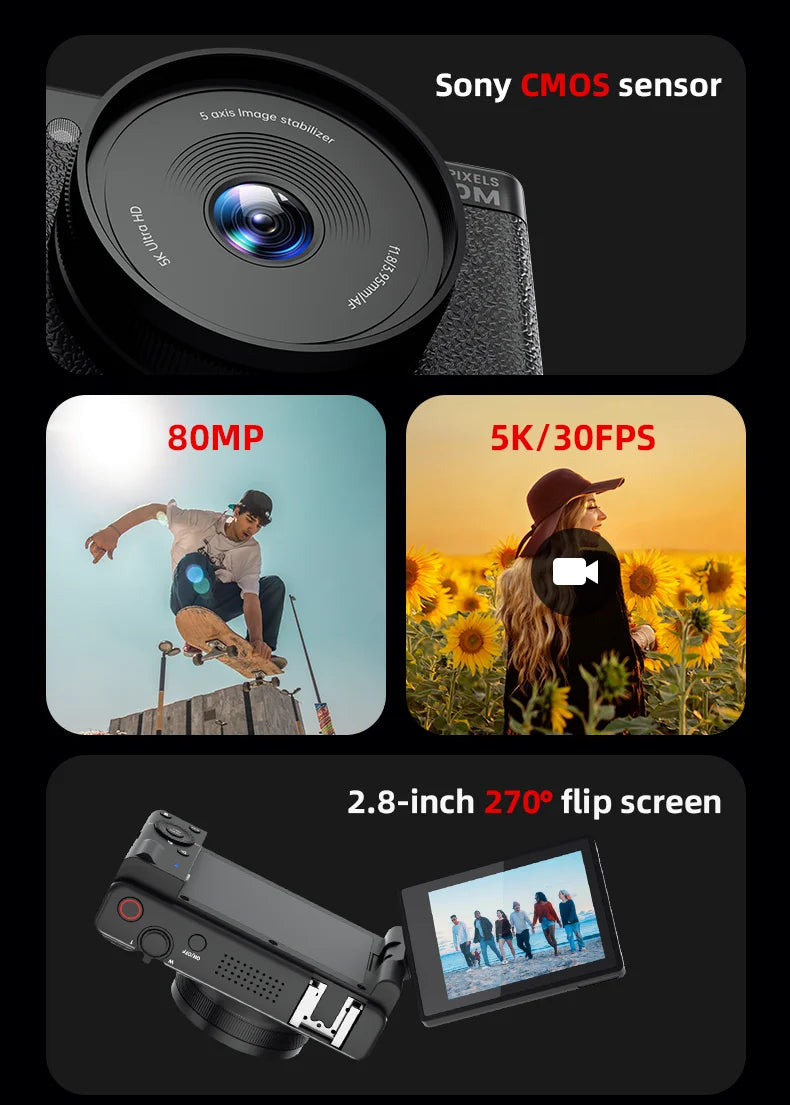 5K 80MP Digital Camera with 6-Axis Stabilization, 270° Flip Screen & 18X Zoom for Vlogging Photography