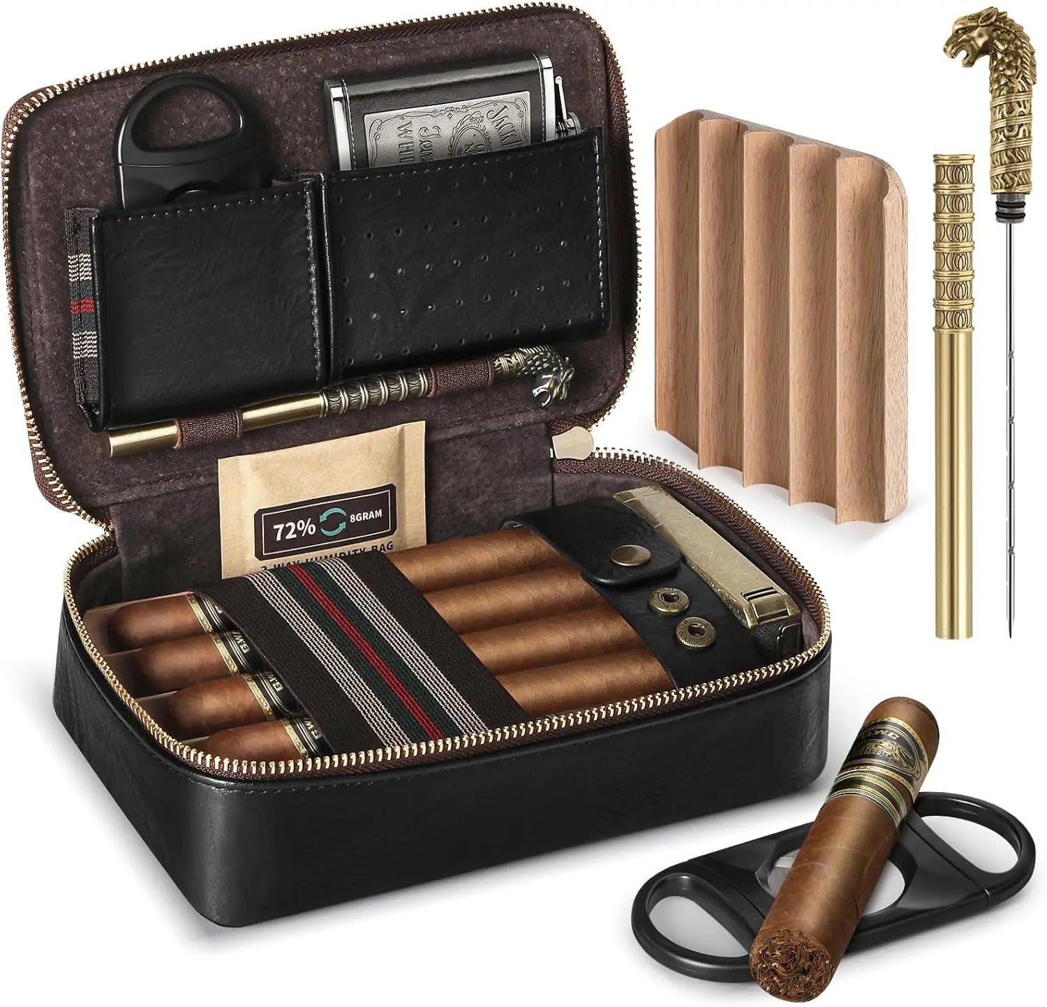 Cigar Humidor, Leather Travel Cigar Humidor, Include Cedar Wood Slot Tray, Cigar Draw Enhancer and Multifunction Cigar Cutter
