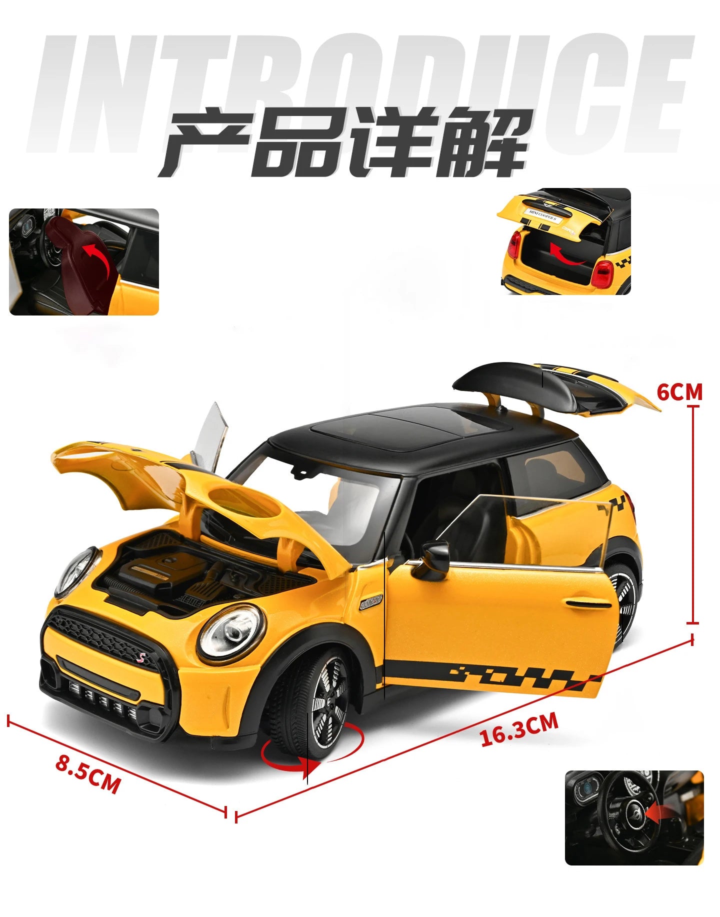 1 24 Scale Mini Cooper S Modified Diecast Pull Back Model Car with Sound and Light