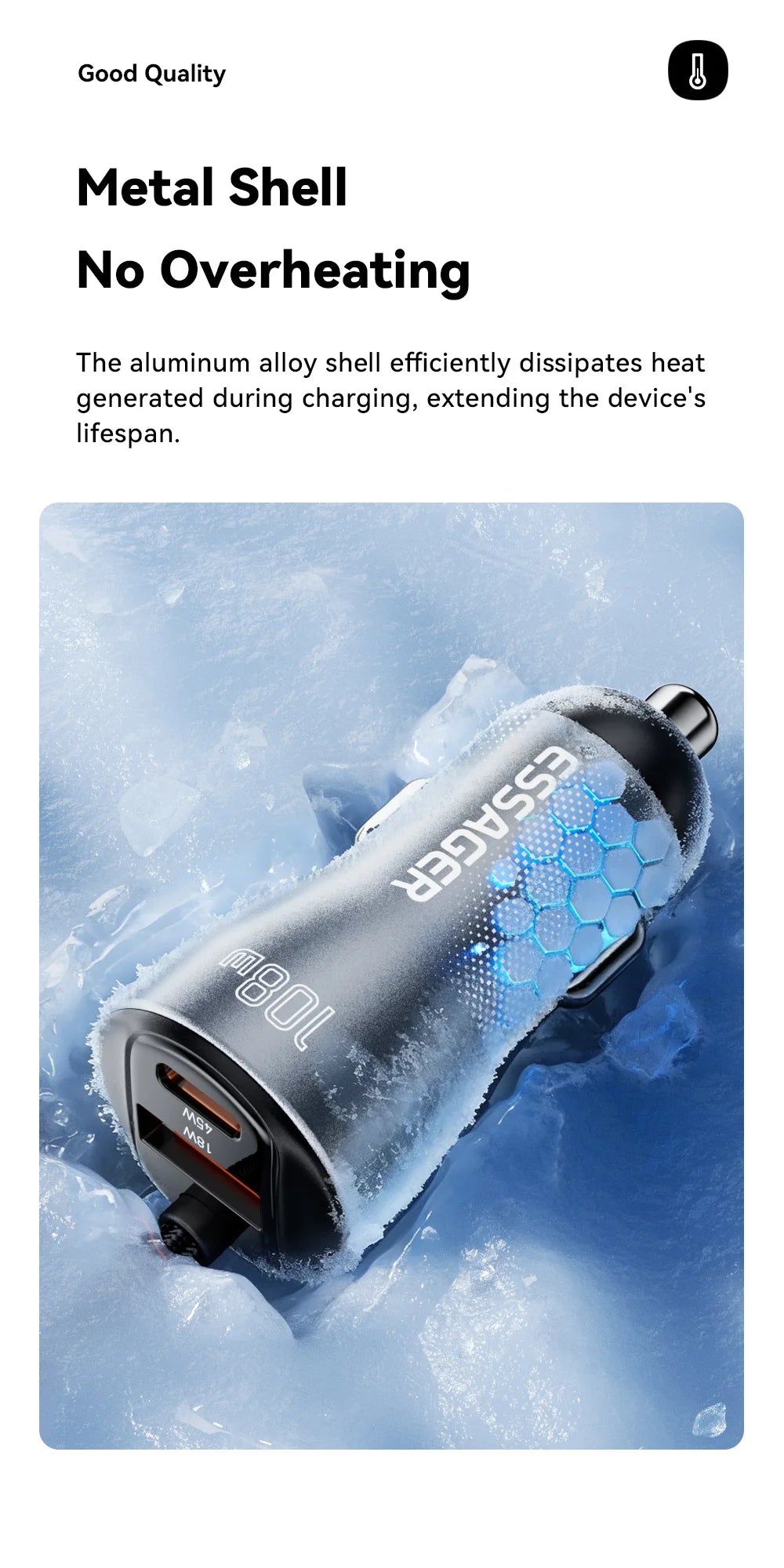 108W Car Charger PD Fast Charging 2 USB C + USB A with Digital Display Spring Cable