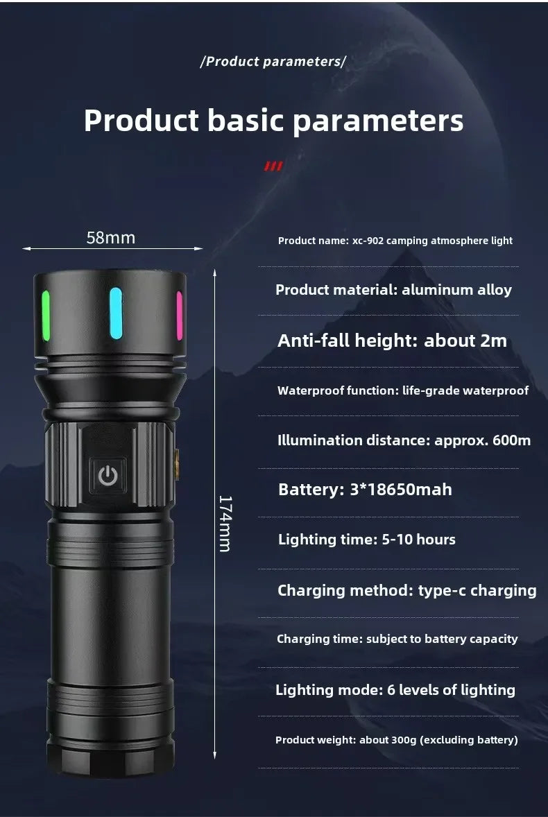 High Power 4 LED Light Source Rechargeable Tactical Flashlight with Zoom Waterproof Aluminum Alloy Camping Lantern