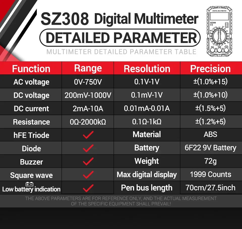 Square Wave Digital Tester 1999 Counts HFE Triode Buzzer Multimeter AC/DC Voltage 10A Current Multimeters Meter Tool