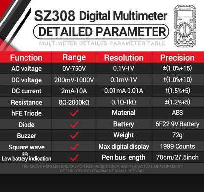 Square Wave Digital Tester 1999 Counts HFE Triode Buzzer Multimeter AC/DC Voltage 10A Current Multimeters Meter Tool