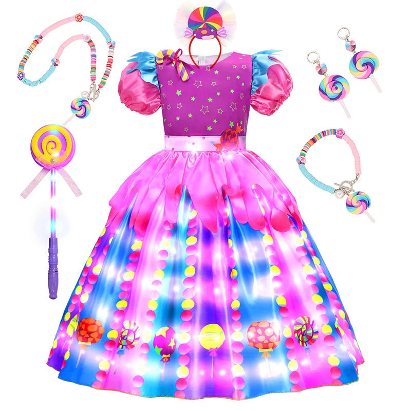 LED Light Up Princess Candy Dress For Girl Lollipop Party Clothing Kids Cosplay Costume New Years Dress 2-10Y