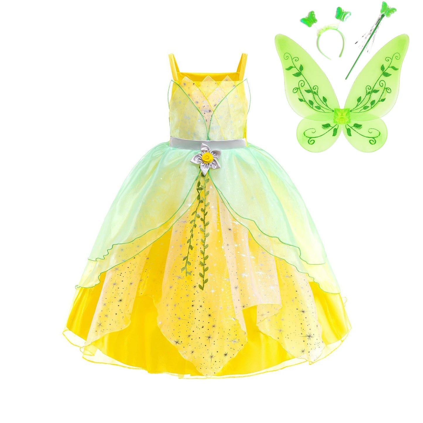 Layered Tulle Fairy Princess Dress Green Yellow Sling Party Costume