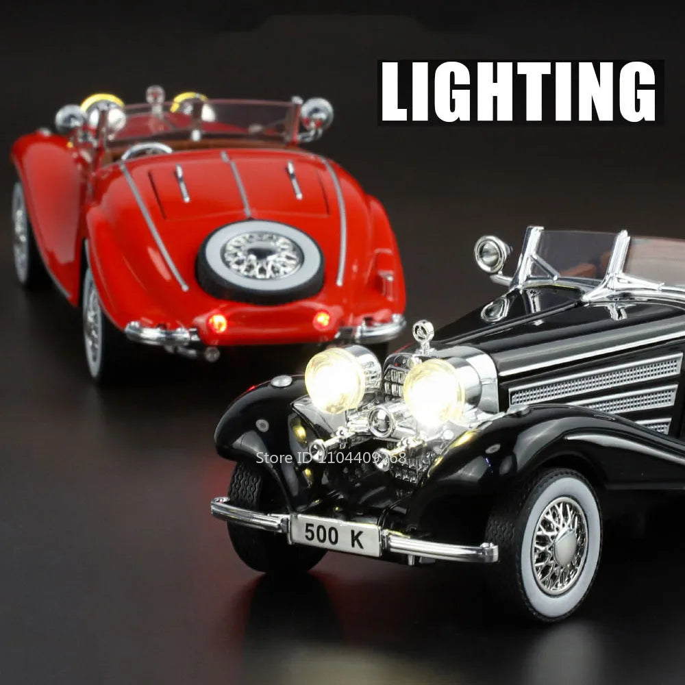 1:32 500K 300SL Vintage Car Model Toy Shock Absorption Alloy Diecast Vehicle Models Sound Light Pull Back Collection Gifts