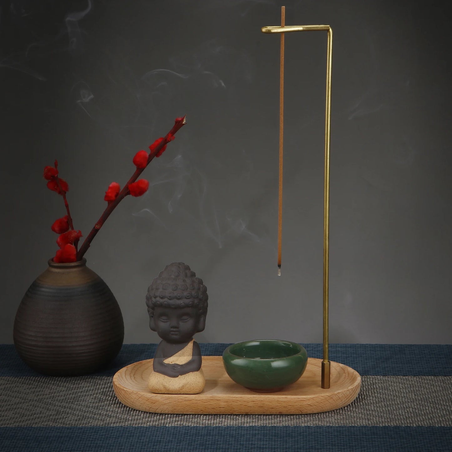 Creative Ceramic Little Monk Incense Burner Set Brass Smoke Backflow Incense Holder with Wooden Incense Tray Ceramic Ash Catcher