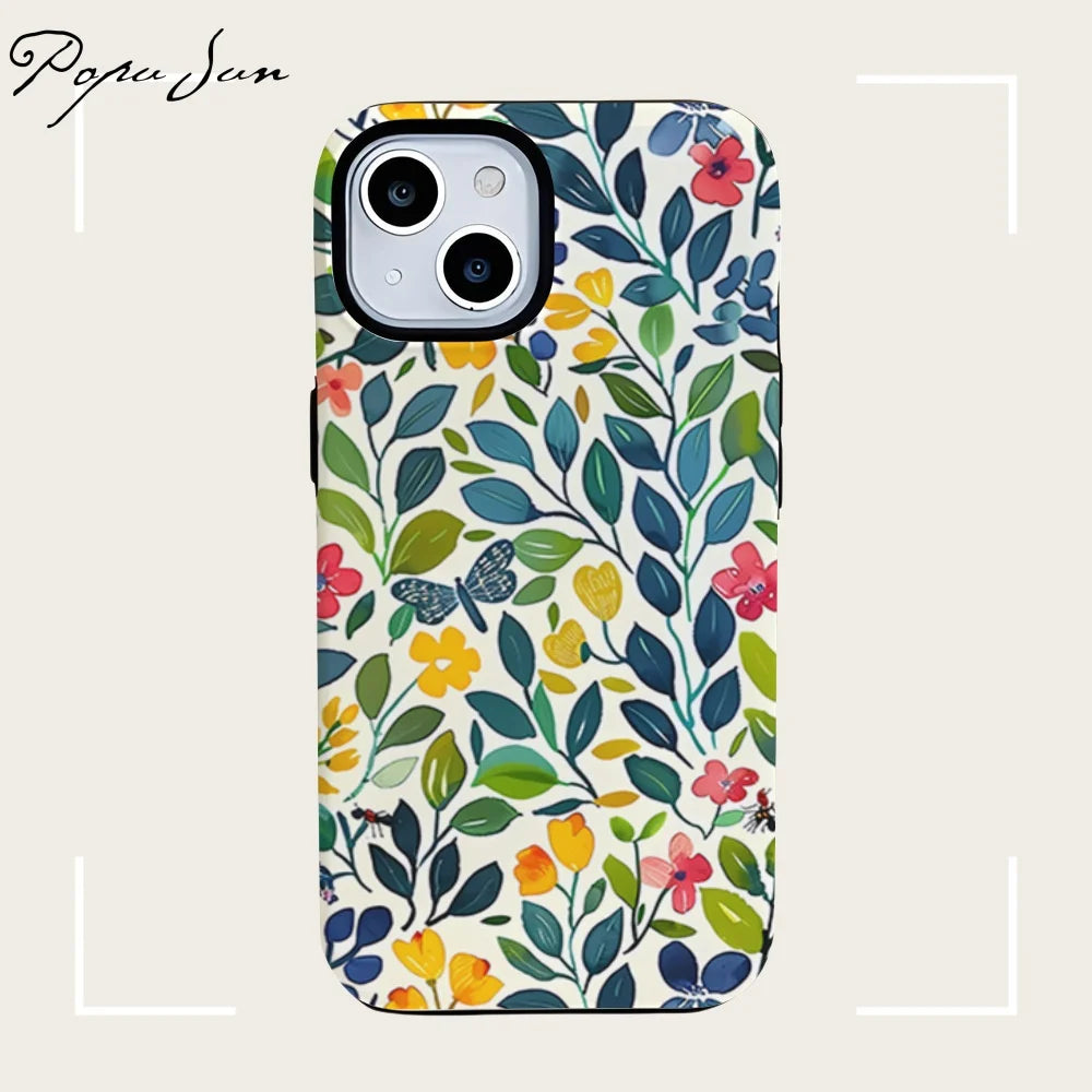 Flower Flora Green Leafs 2 in 1 Phone Case for iPhone 16 15 Pro Max 16 Plus Double Deck Shockproof Protective Cover