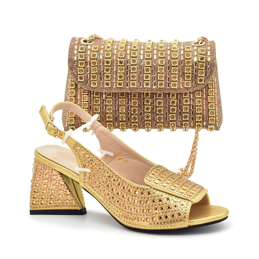 Nigerian Women's Purple Color Mid Heels Frosted Crystal Shiny Rhinestone Party Itaian Design Peep Toe Shoes and Bag Set