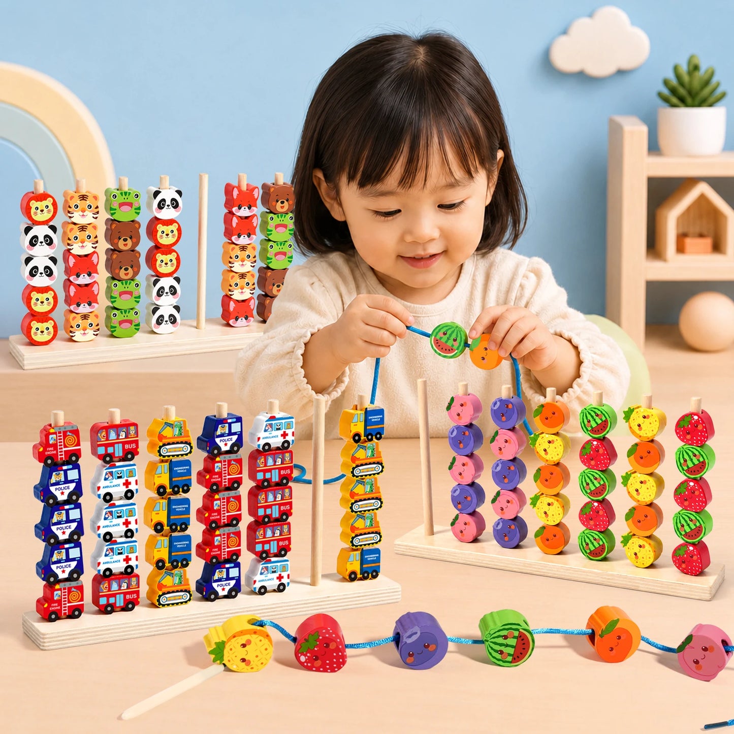 Wooden Colour and Shape Matching Pillar Bead Puzzle