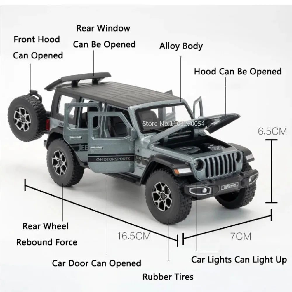 1:32 Wrangler Rubicon Diecast Off-road Vehicle Alloy Model Toys Car Doors Opened with Sound Light Pull Back Police Cars  Gift