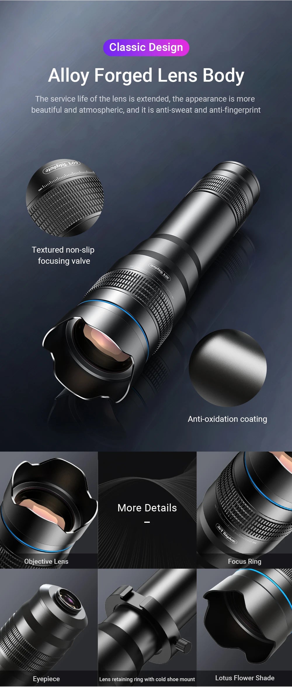 36X Smartphone Telephoto Monocular Lens with Universal Clip