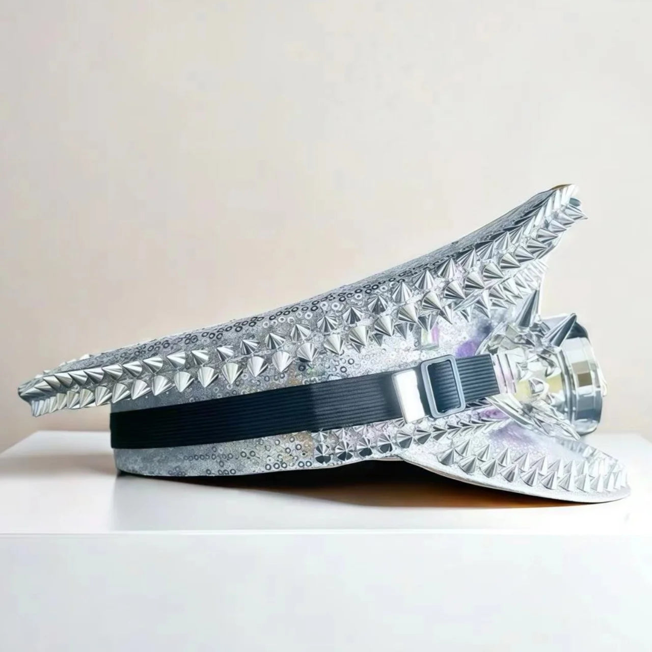 Silver Steampunk Captain Hat Rivet Rhinestone Goggles Masquerade Military Cap Women Sequin Music Festival Handmade Unisex Adult