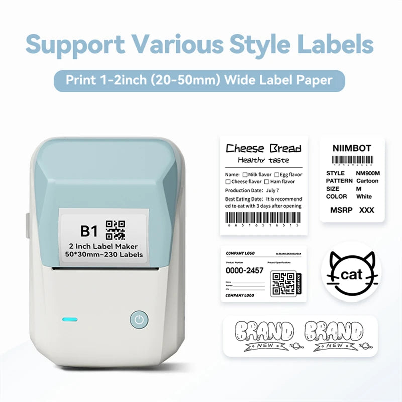 B1 Thermal Label Printer, Bluetooth Portable Sticker Maker 20–50mm, Inkless Barcode Price Tag Label Machine for Business & Food