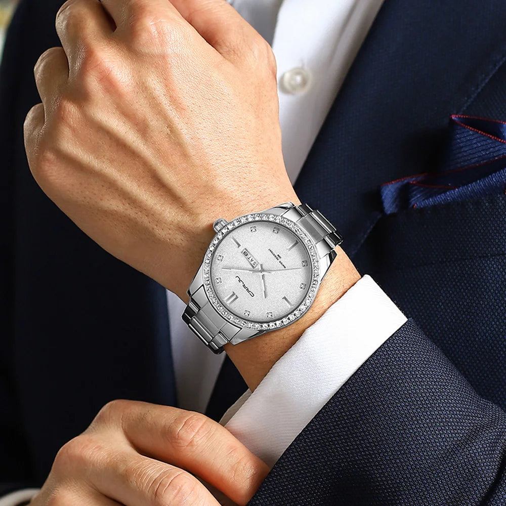 New Luxury Rhinestones Dial Watches with Stainless Steel Band Wristwatch with Auto Date and Luminous Relogio Masculino